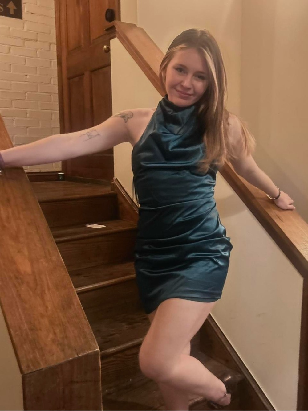 Green satin mini dress cowl neck asymmetrical